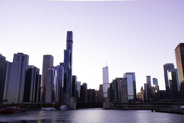 City skyline over a lake